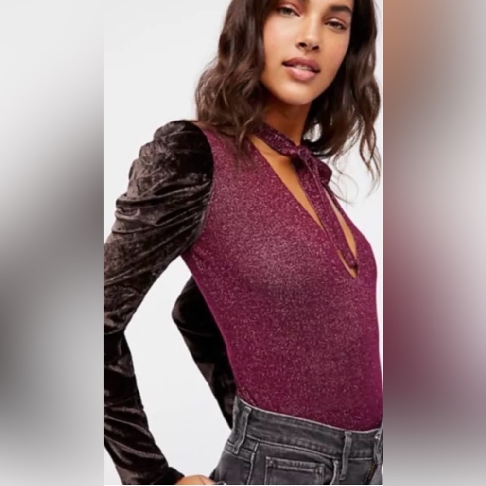 NWOT Free People purple shimmering Lurex metallic velvet blouse Top sweater S*R5